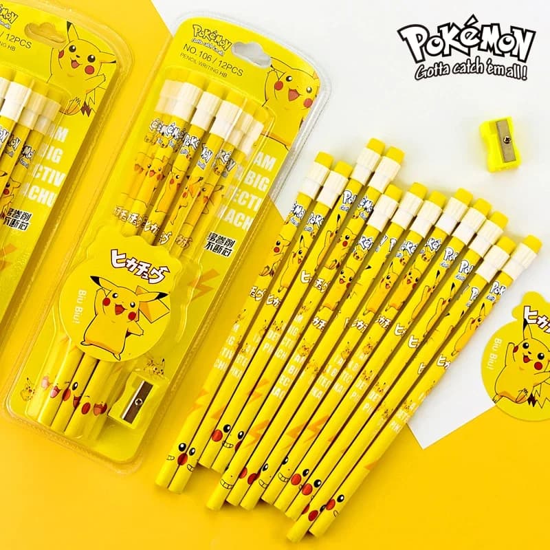 12pcs New Pokemon Themed Stationery Set Pikachu Anime Character Cartoon Pencil with Eraser Sharpener Lovely Birthday Gift