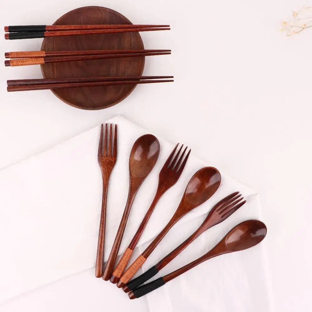 Rice Soups Portable Home Kitchen Wooden Handmade Dinnerware Fork Chopsticks Spoon Set Tableware Utensils Sets Cutlery