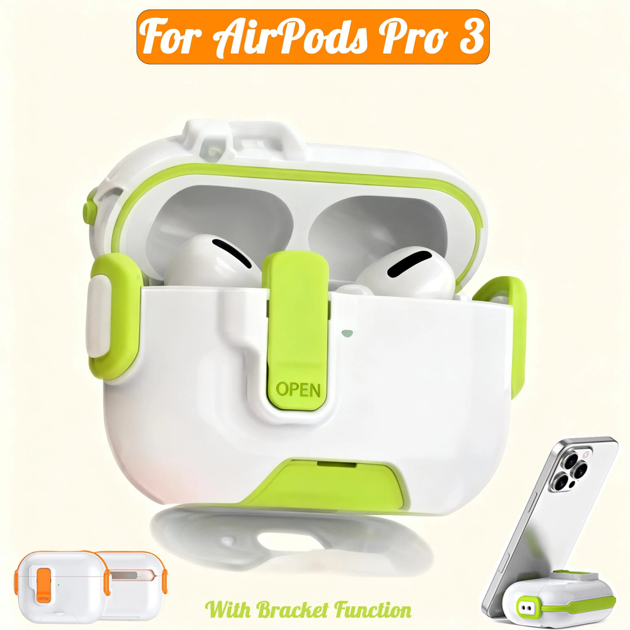 2026 New For AirPods Pro 3 With Phone Holder Case With Swtich Lock Shockproof Protective Cover For AirPods 4 3 Pro2 With Hook