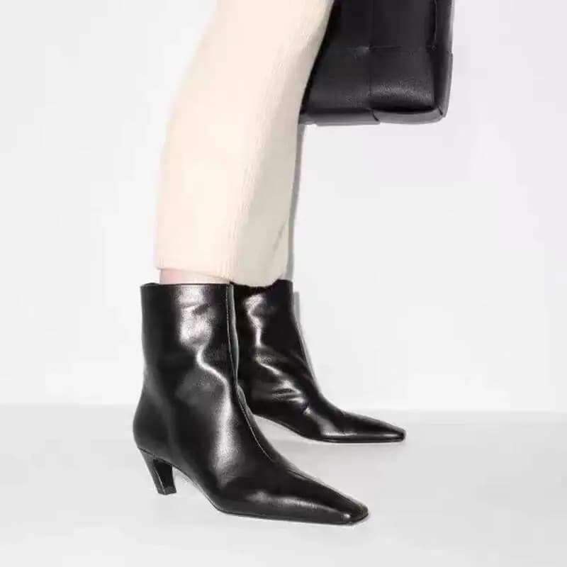 Stivaletti eleganti con tacco a forma di gattino con punta quadrata per donna Stivaletti corti a tubo largo firmati Autunno Inverno Scarpe con tacco spesso