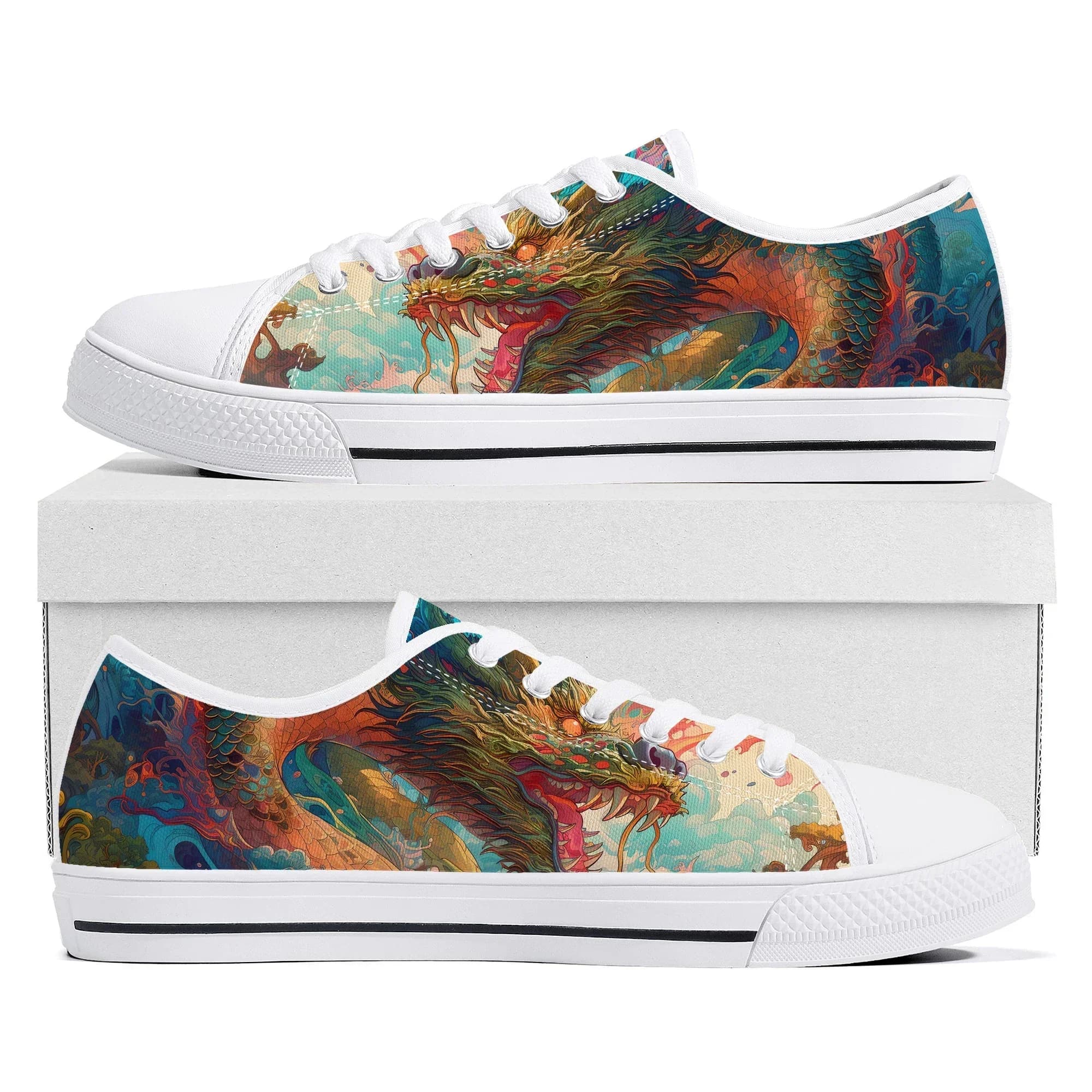 Sneakers basse in tela con drago cinese e animali tradizionali, da donna, uomo, adolescente, scarpe personalizzate per coppie