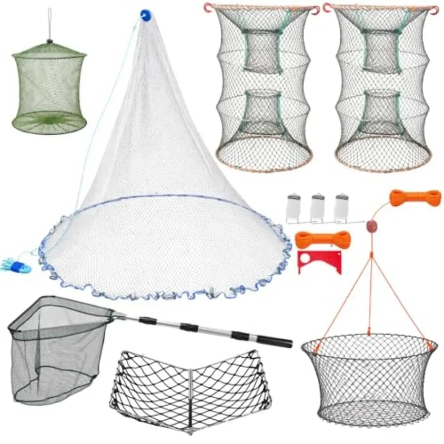 Kit da Pesca e Cattura Granchi per Uso Estivo su Spiaggia e Molo: Rete da Lancio in Nylon, Trappole in Acciaio Zincato, Gabbia per Granchi Blu, Rete a Farfalla Verde