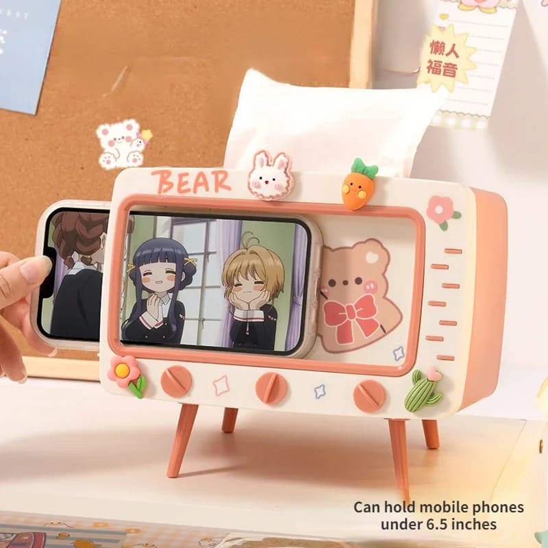 Simpatico supporto per scatola per fazzoletti multifunzione quadrato per la casa Kawaii Desktop Decor TV scatola per fazzoletti custodia per telefono rosa organizzatore di archiviazione
