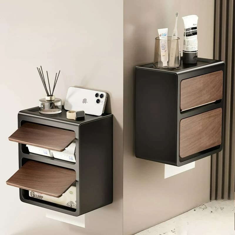 Double Layer Hygiene Card Holder Storage rack accessories without drilling with wood veins for toilet roll holder