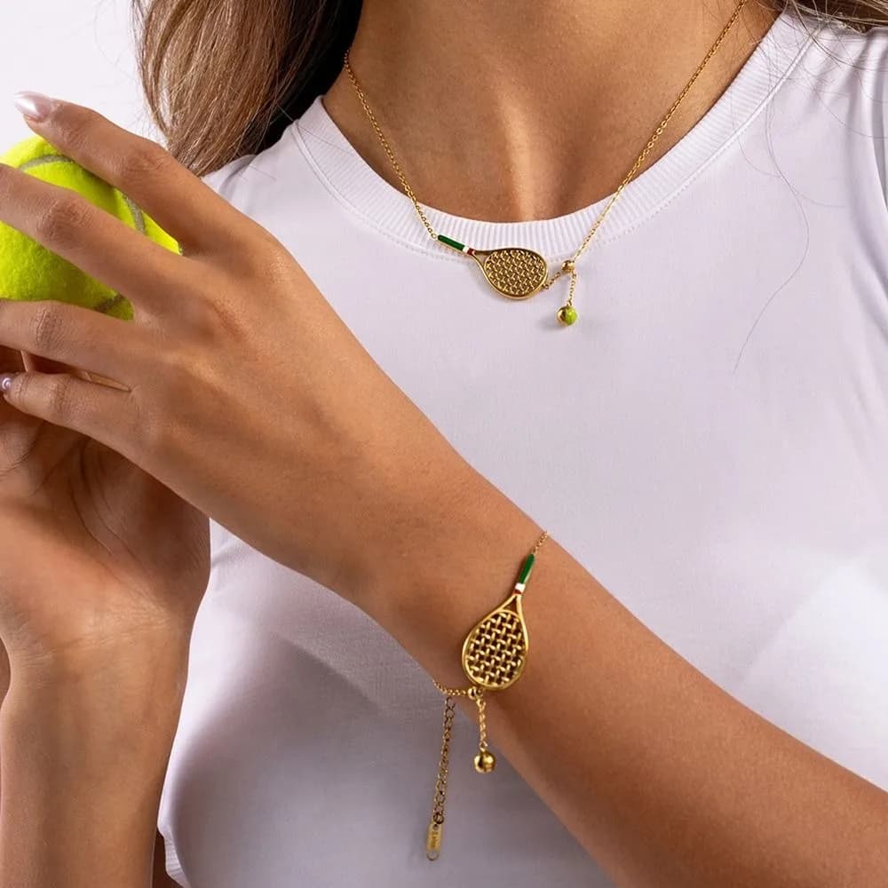Metal Chain Tennis Racket Necklace 18K Gold Plated Stainless Steel Tennis Racket Bracelet Vintage Personalized