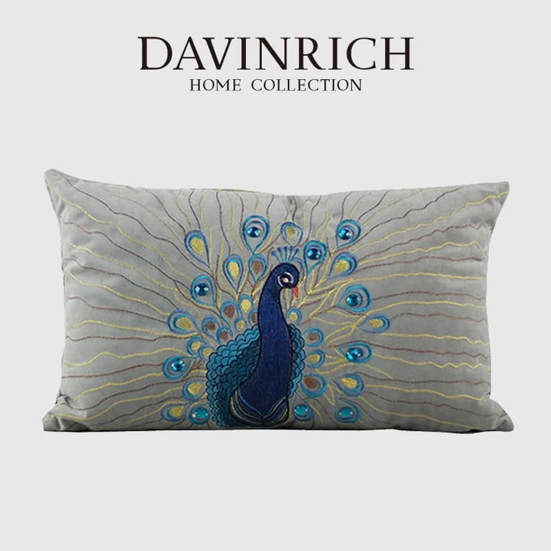DAVINRICH fodera per cuscino lombare con ricamo pavone in stile americano Toss fodera per cuscino rettangolare in velluto di lusso per Patio Home Office