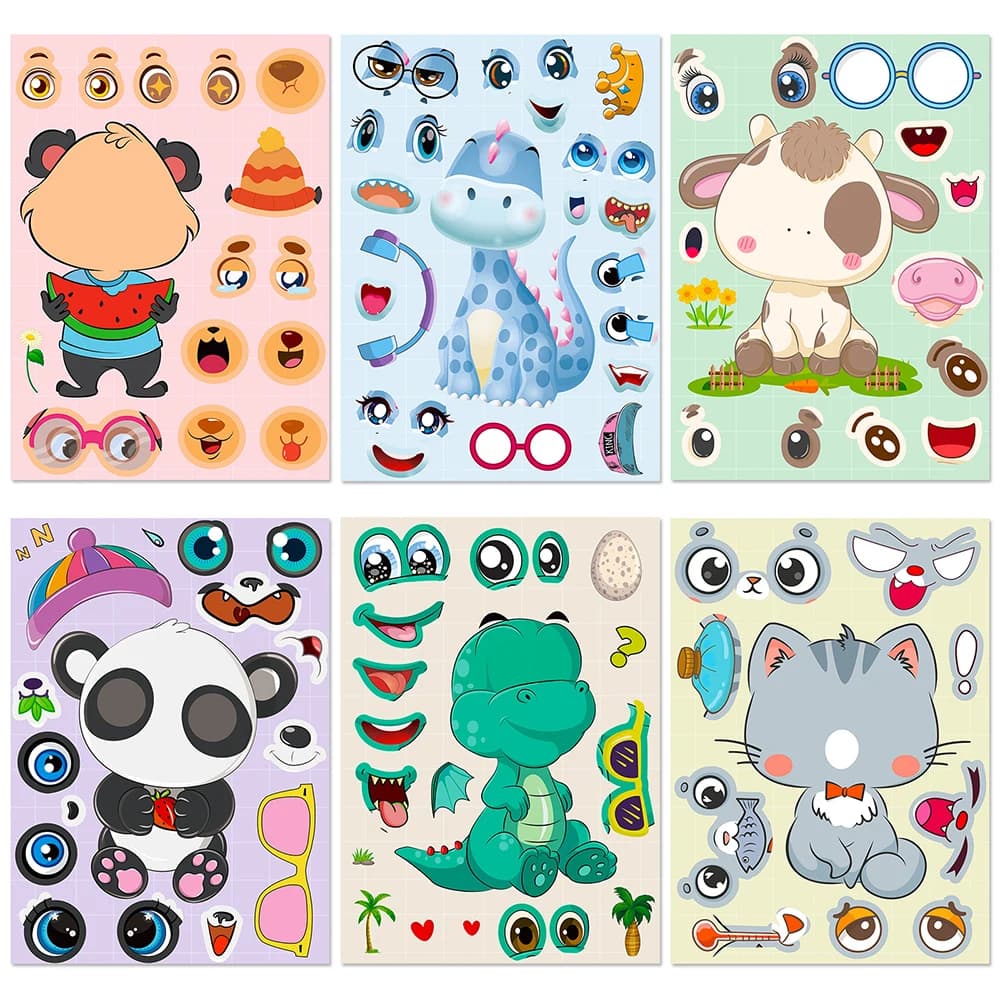 6/12Sheets Make a Face Animal Puzzle Stickers Game Create Your Own Dinosaur Cat Panda Kids Jigsaw Educational Toy For Boys Girls