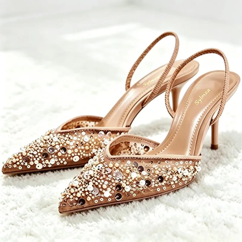 Bling String Bead Mesh Breathable Heeled Sandals Women Sexy Pointy Toe Luxury Designer Women Pumps Elegant Slingbacks High Heels