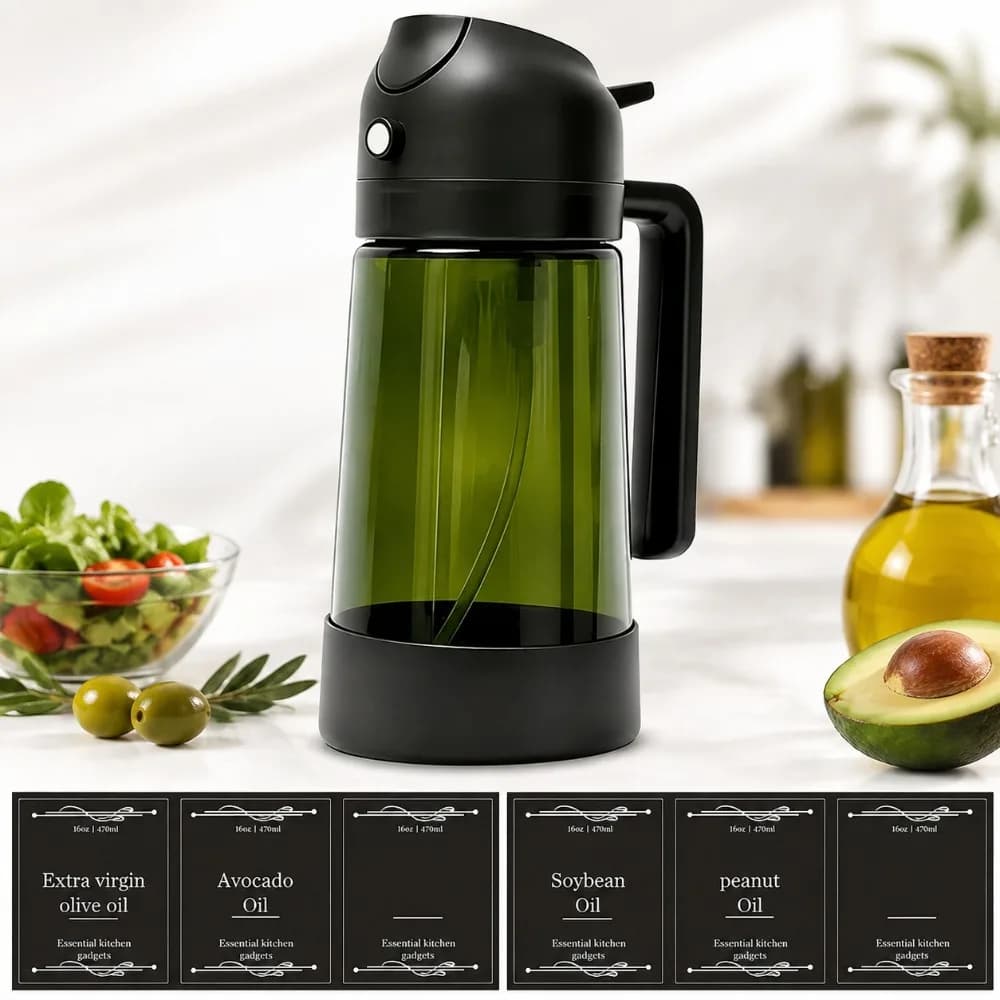 Glass Oil Dispenser Bottle 2 in 1 Sprayer Pourer Nonslip Base 6 Labels Green Clear Glass for BBQ RV Salad Kitchen Tools Kit Sets