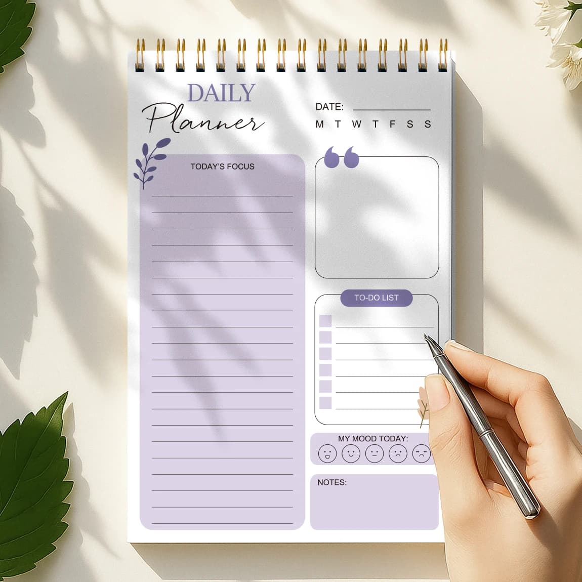 Agenda Giornaliera Lavender con Spirale, Formato A5 Non Datata con Lista delle Cose da Fare, Tracker dell'Umore e Spazi per Appunti