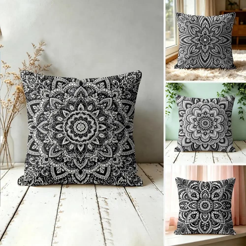 Black And White Mandala Pillow Case Double-Sided Plush Sofa Cushion Covers Organic Breathable Invisible Zipper