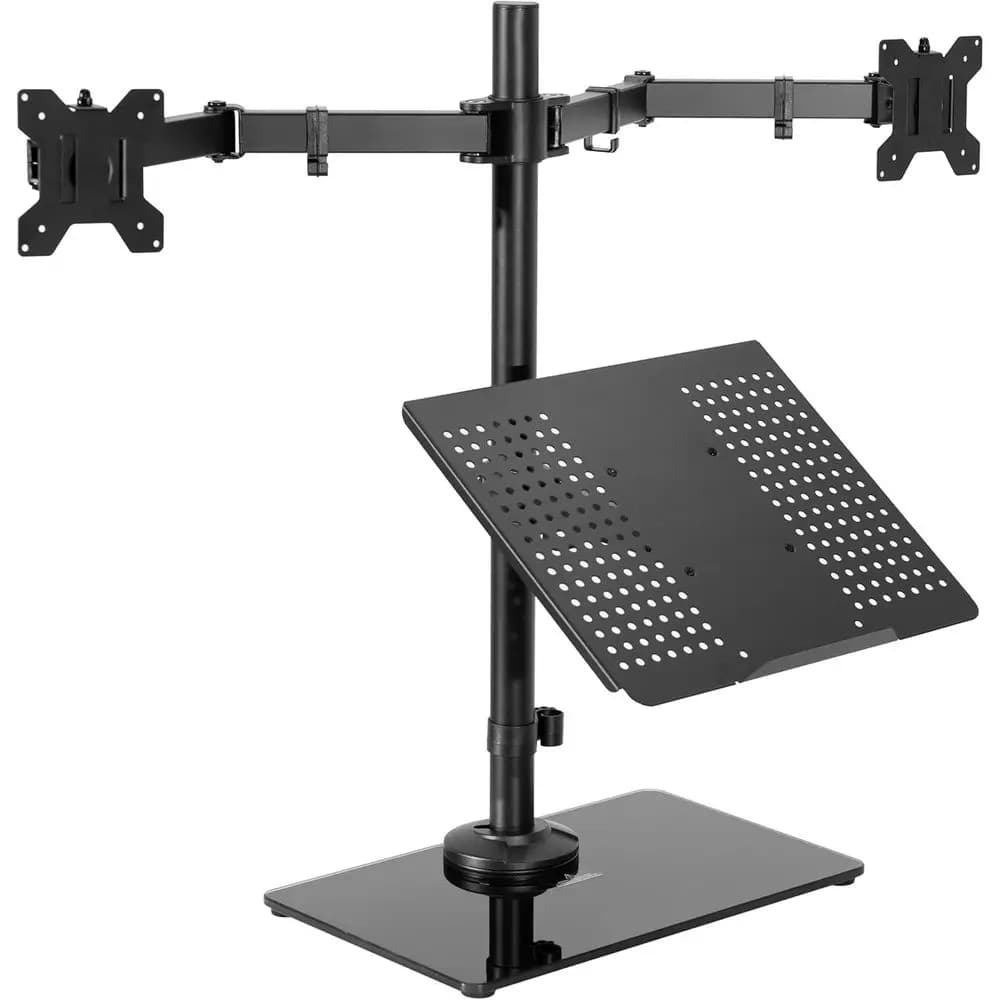 Glass Top Dual Monitor and Laptop Desk Stand for 32 Screens and 17 Laptops, Black