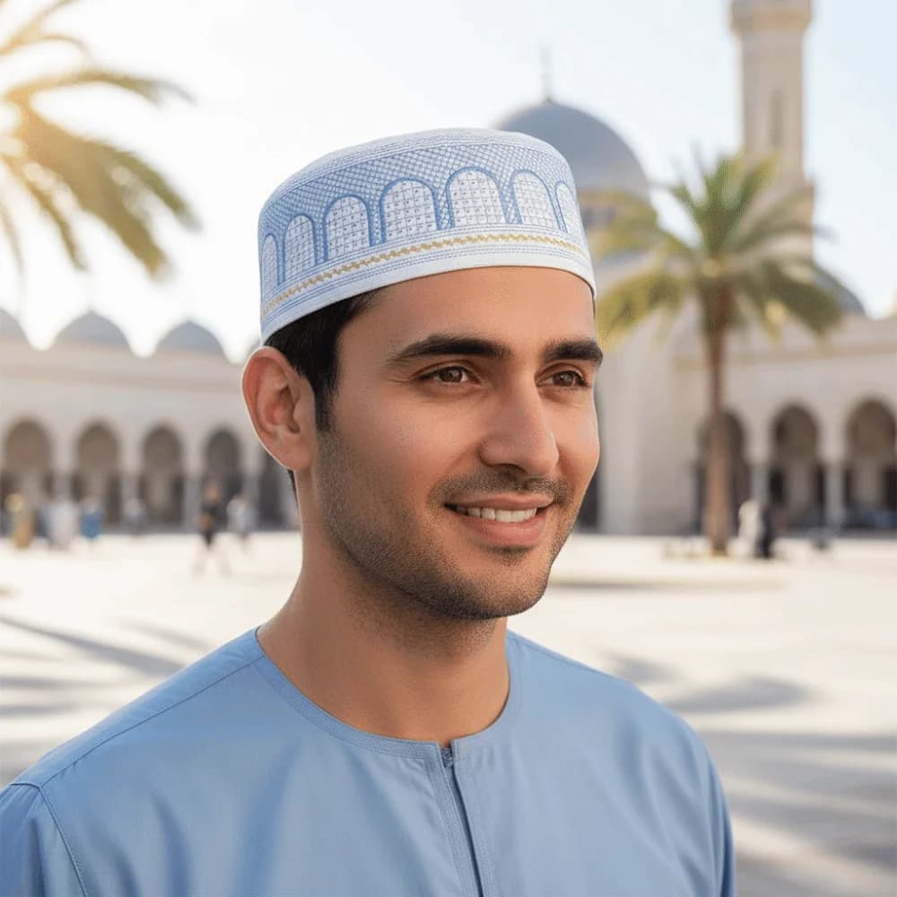 Traditional Muslim Ethnic Hat with Embroidery, Round Shape, Saudi Arabian Style Prayer Hat, Islamic Coton Copricapo for Islamic Events