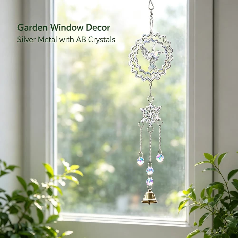 Metal Hummingbird Snowflake Wind Chime AB Crystal Prism Suncatcher Bell Pendant for Indoor Outdoor Window Garden Home Decor Gift
