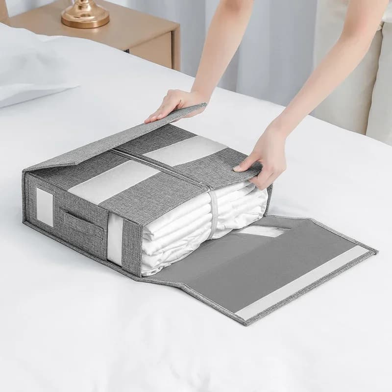 Bed linen organizers, folding box for linen, wardrobe, bedding set, blanket containers, quilt, pillow, cube with window