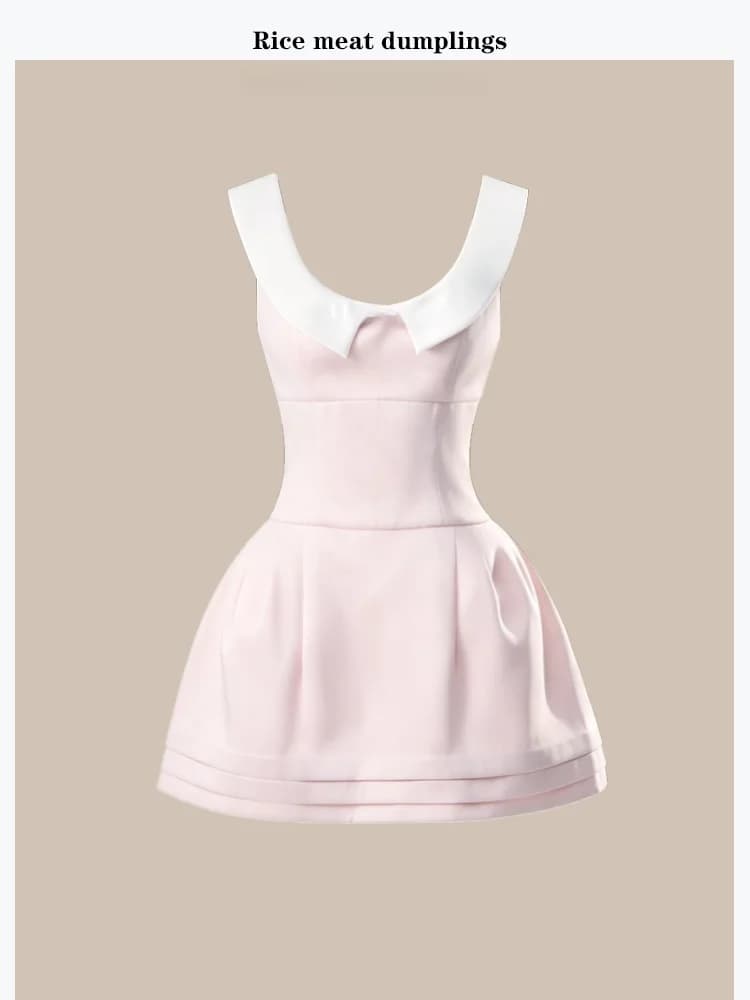 Abito Estivo Rosa in Raso con Scollo a U, Gonna Corta Soffice Senza Maniche con Vita Stretta, Vestito da Donna in Fibra di Poliestere a Trapezio