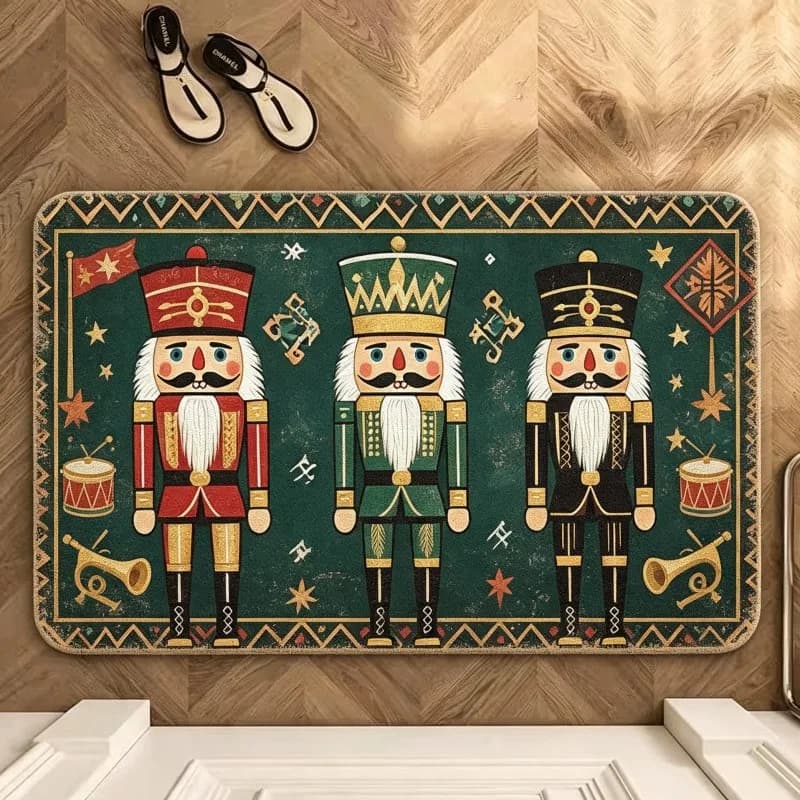 Nutcracker Soldier Christmas Floor Mat Green Vintage Border Drum Trumpet Star Print Non Slip Washable Carpet