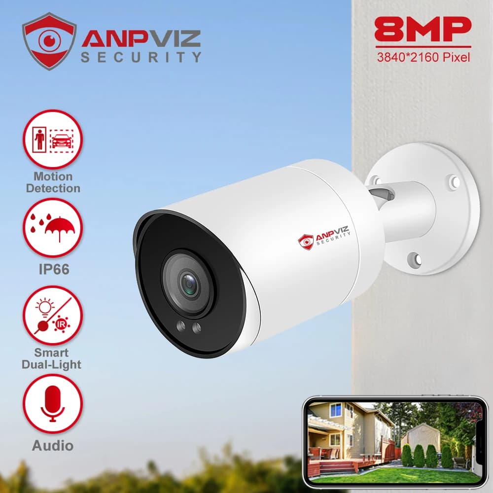 Anpviz 8MP POE IP Telecamera bullet esterna 24/7 ColorVU 30m CCTV Video sorveglianza IP66 Scheda SD H.265 Audio Motion Detection 2.0