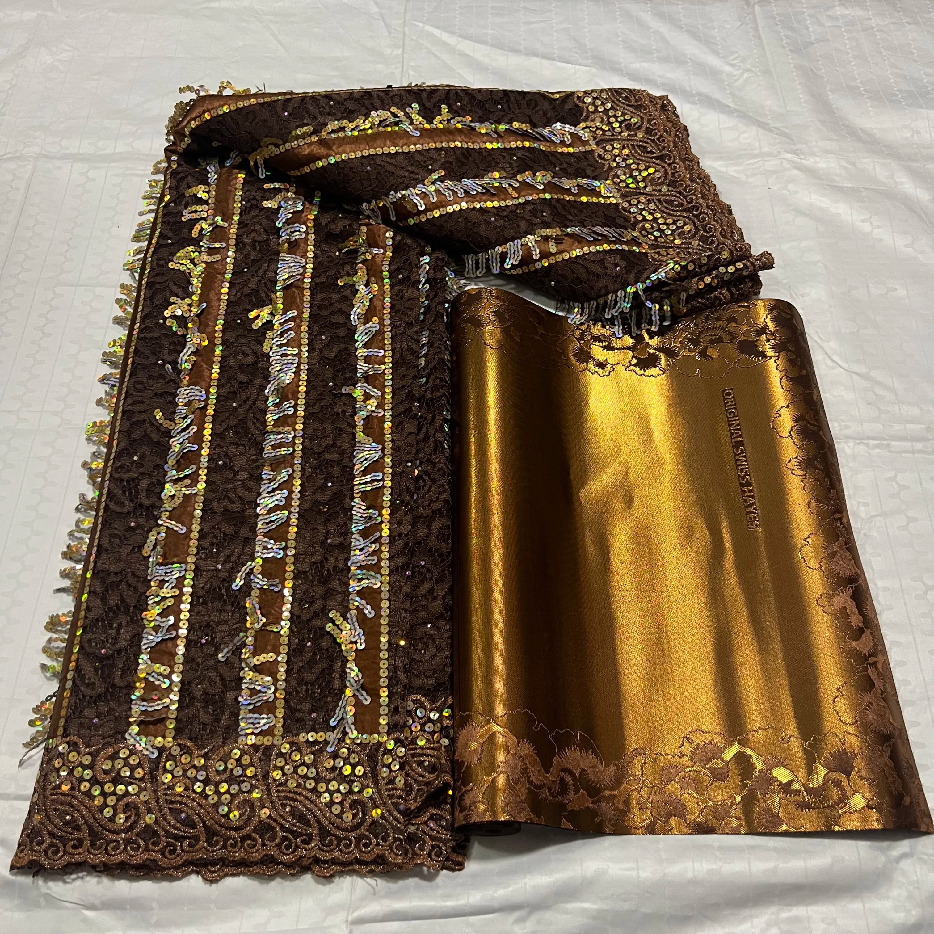 5 Yards Luxury Guipure French Lace Fabric With Sequins Embroidery 3D Sego Gele Hayes Headtie Wrap 2Pcs - Lace Material