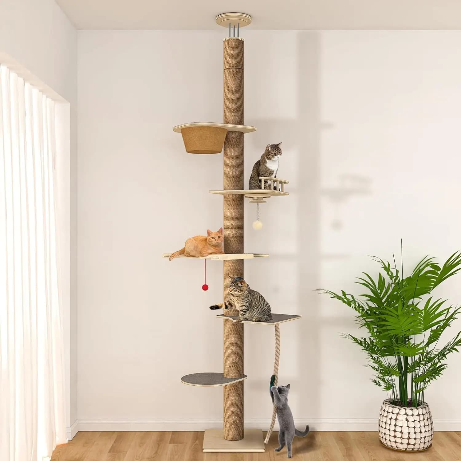 Torre per Gatti a 5 Livelli Regolabile con Piattaforme, Amaca, Tiragraffi, Cuccia e Giocattoli per l'Arredamento Domestico