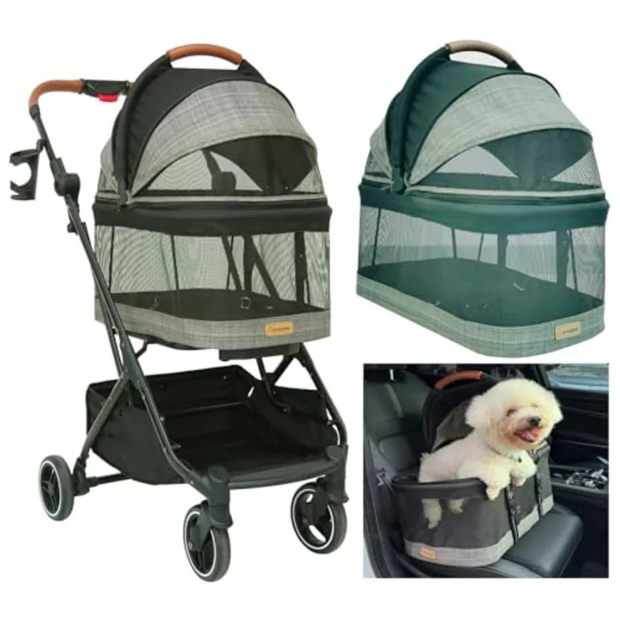 Passeggino per animali domestici 3-in-1 per tutti i terreni, per viaggi, in poliestere grigio a rete, design pieghevole leggero con trasportino rimovibile, supporto