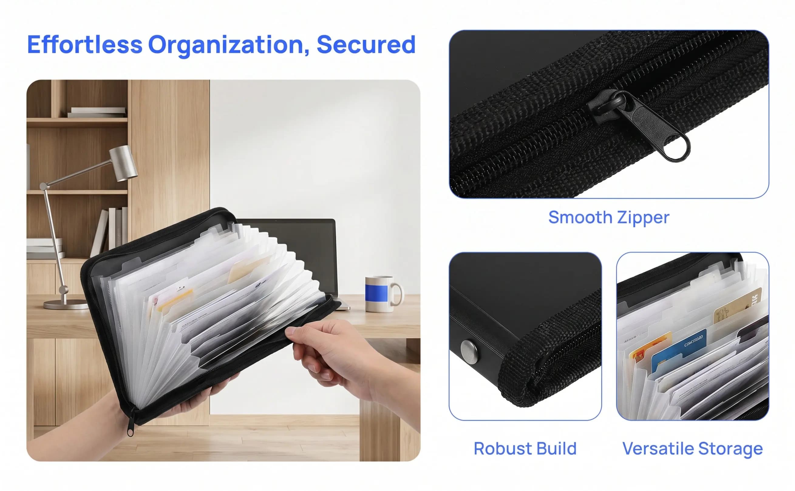 Compact A6 Mini Accordion File Folder with Smooth Zipper Document Organizer for Bills Receipts Important Papers Travel Business
