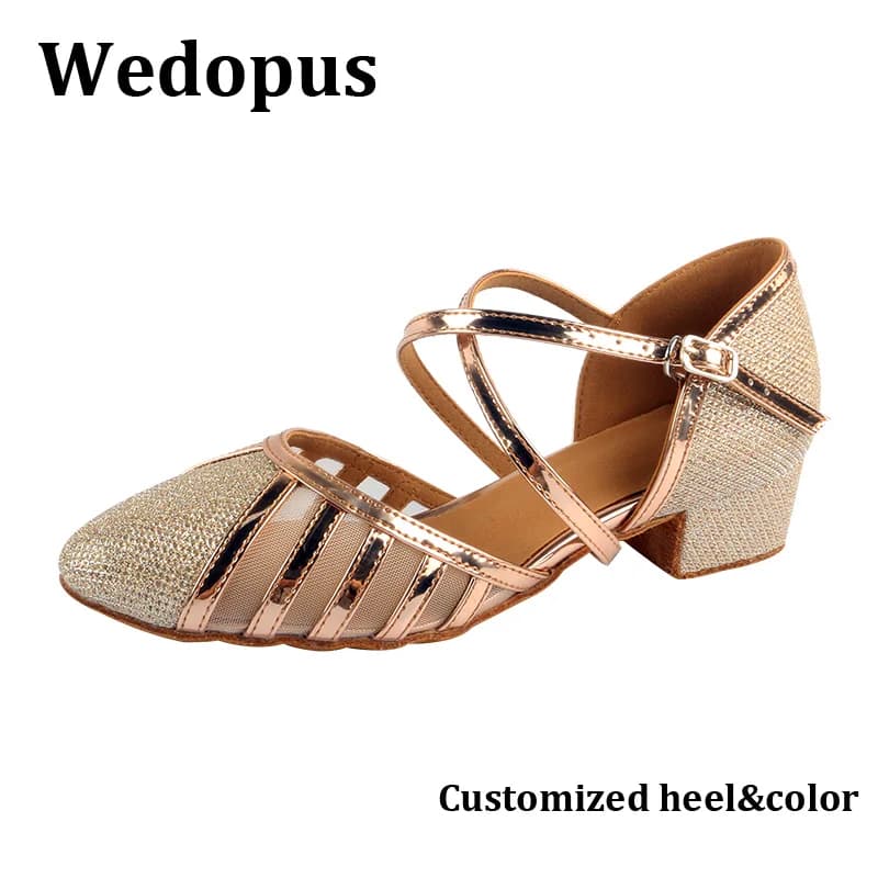 Wedopus Scarpe da ballo glitter dorate Donna Suola in pelle scamosciata Danza Tacchi bassi 3,5 cm Scarpe da ballo latino Punta chiusa latina