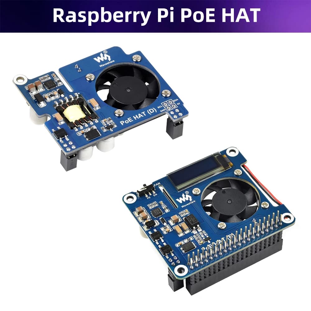 Raspberry Pi PoE HAT 802.3af GPIO Power over Ethernet expansion card with optional OLED CPU cooling fan for Pi 3B+ 4B