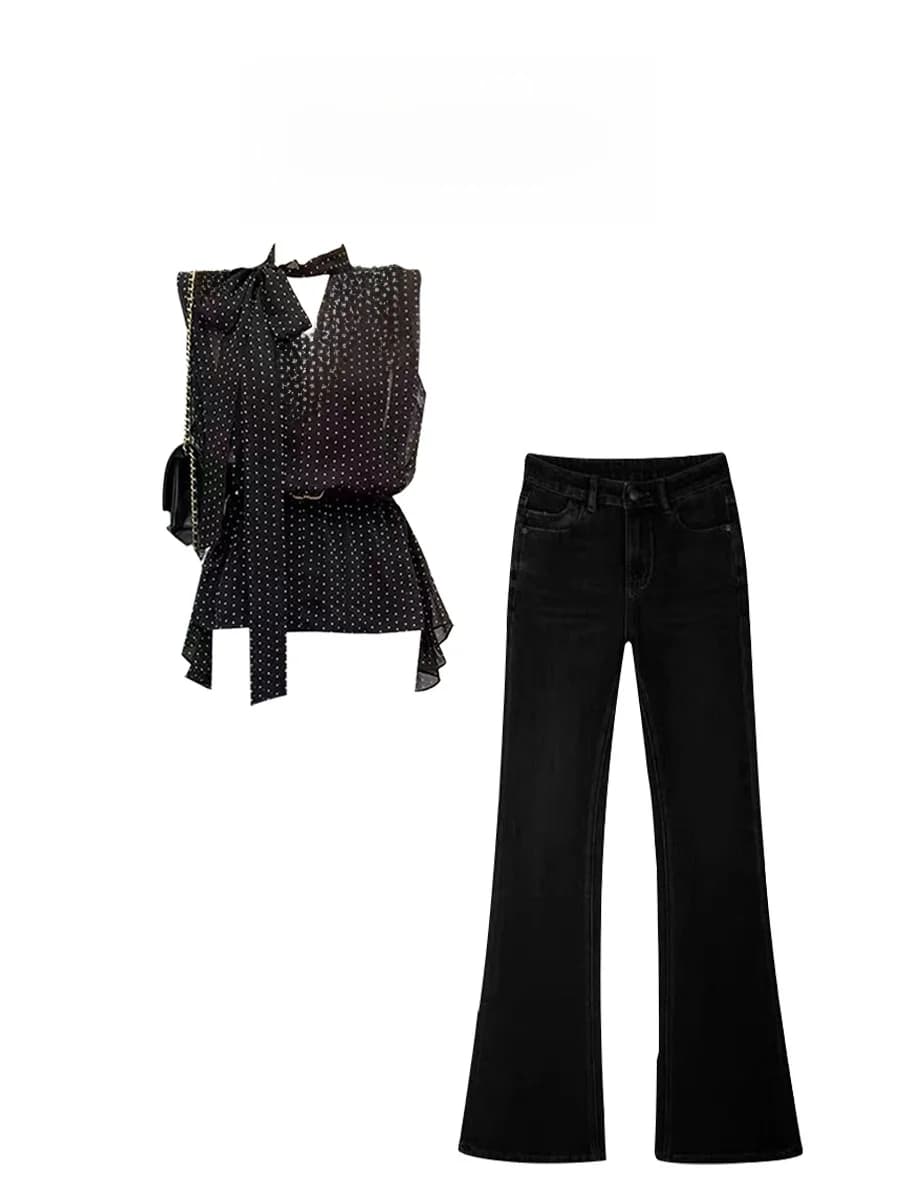 Completo Estivo da Donna: Top Nero a Pois Senza Maniche con Cintura e Pantaloni in Denim a Vita Alta Slim Fit