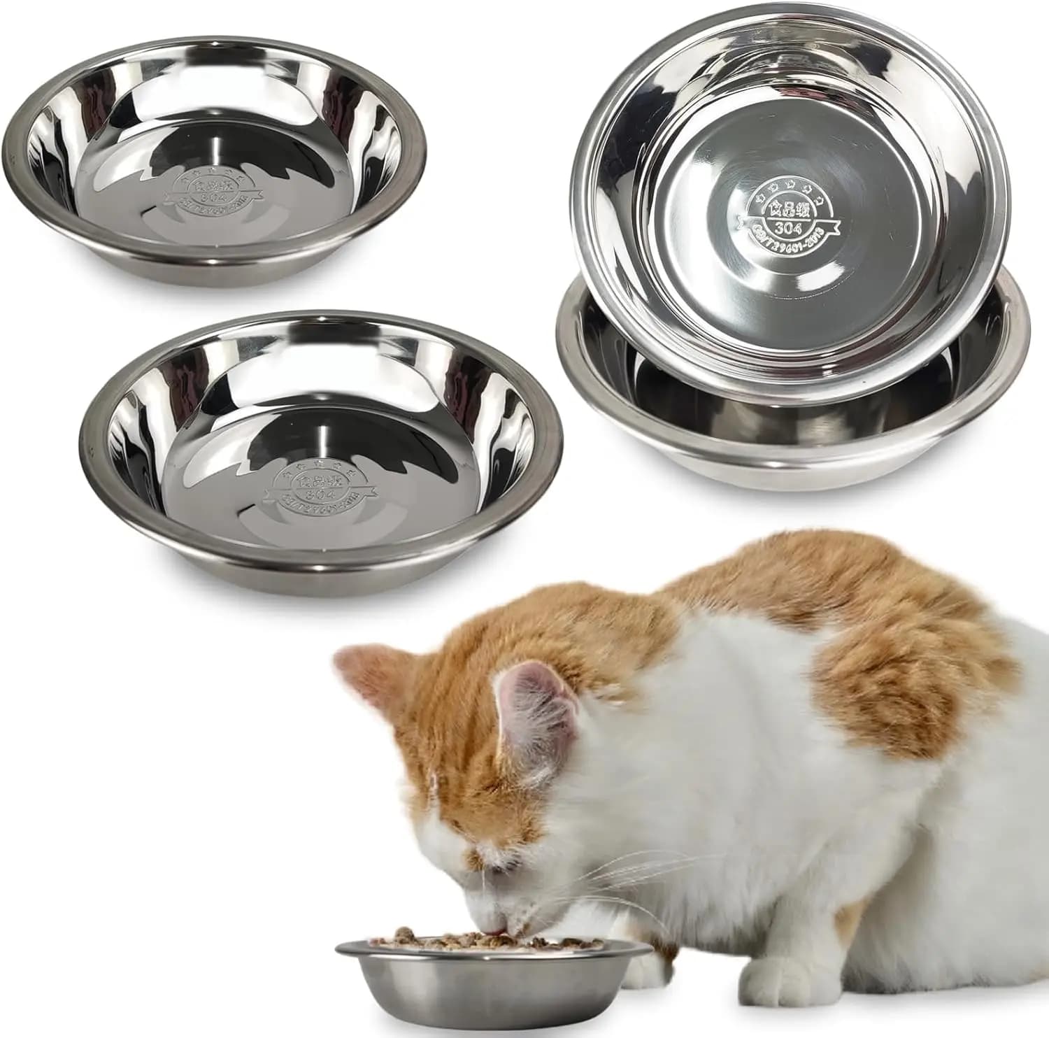Set di 4 Ciotole per Gatti in Acciaio Inox, 14 cm, Piatte e Risparmio Spazio, Lavabili in Lavastoviglie, per Gattini e Gatti da Interno