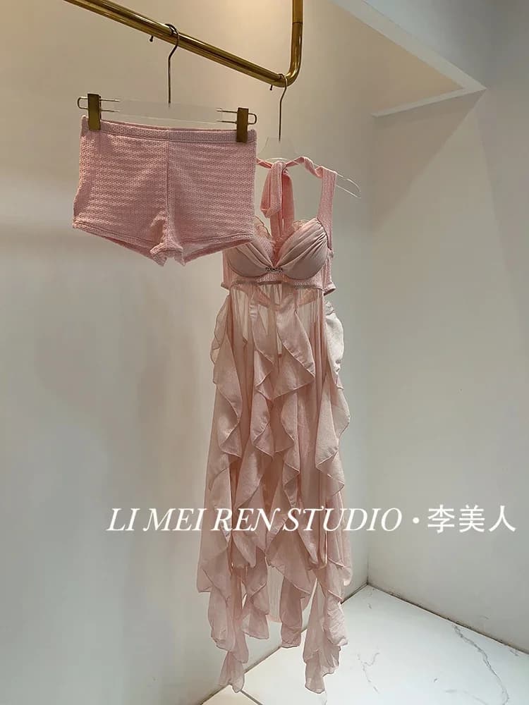 New Pink Long Skirt Hanging Neck Romantic Vacation Style Lace Split Swimsuit