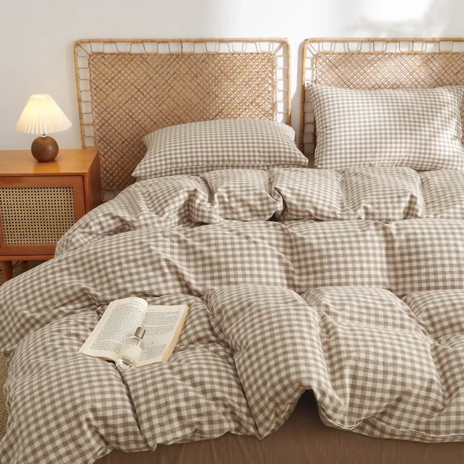 Copripiumino King Size in cotone lavato 100% a quadri gingham marrone chiaro, set copripiumino morbido e traspirante in stile rustico