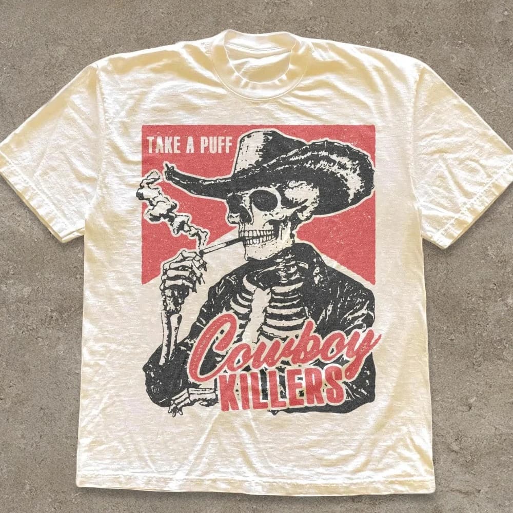 Skull Smoking Cowboy Killer T-shirt Fun Skull Pattern Retro Western Punk Style T-shirt Pure Cotton All-Season Couple Top