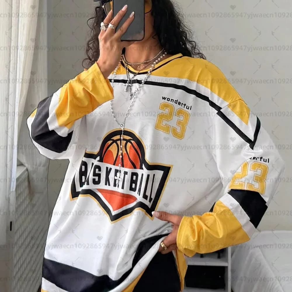 Meravigliosa Maglia Sportiva da Donna con Scollo a V, Maniche Lunghe, Traspirante, Oversize, per Basket