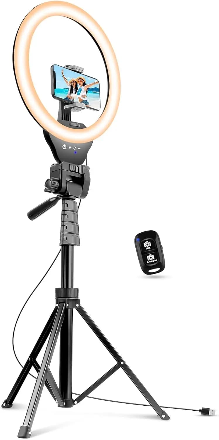 Luce ad Anello da 12 Pollici con Asta Selfie da 67 Pollici, Treppiede e Supporto per Telefono, Luce Circolare con Telecomando per Streaming Live