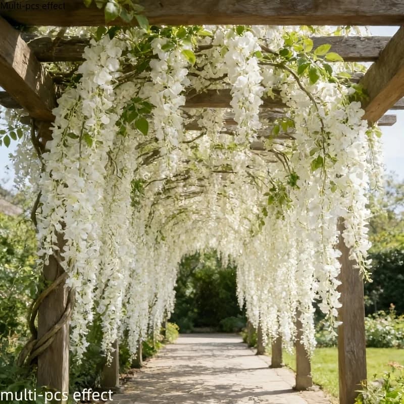 Fiori Artificiali di Glicine Bianco - Fioriture Realistiche Bianche e Verdi, Edera Sintetica Resistente, per Decorazioni di Matrimoni e Archi
