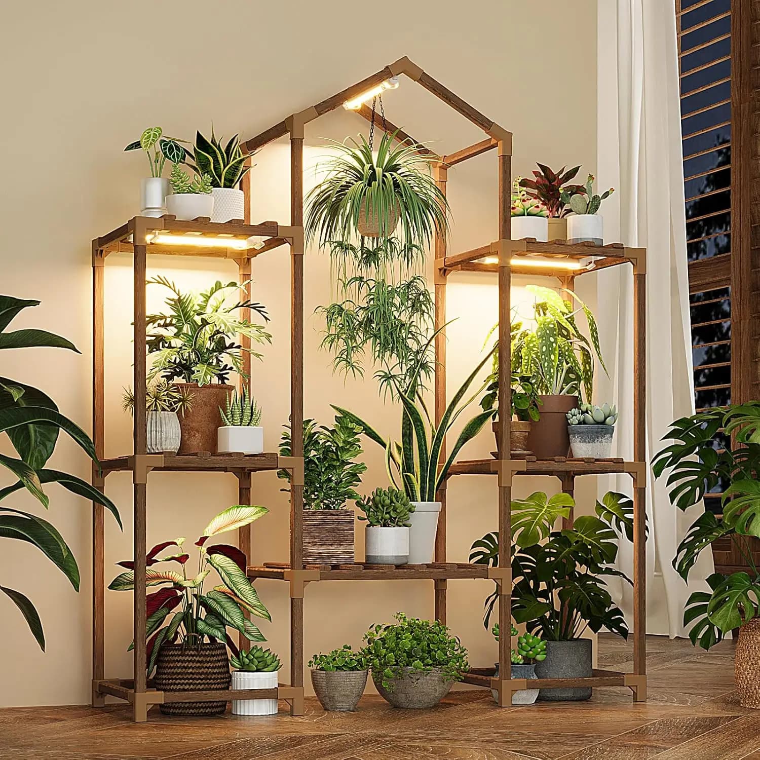 Wood Shelf for Plants with Growth Lights for Interior Suspended Vase Exhibition, Living Room Decoration, Patio and Garden