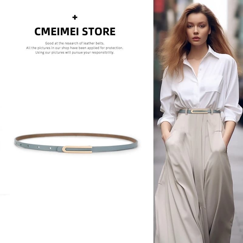 Women Cowhide Leather Thin Belts Fashion Luxury U Shaped Smooth Buckle Dress Decoration Ladies Waist Belts