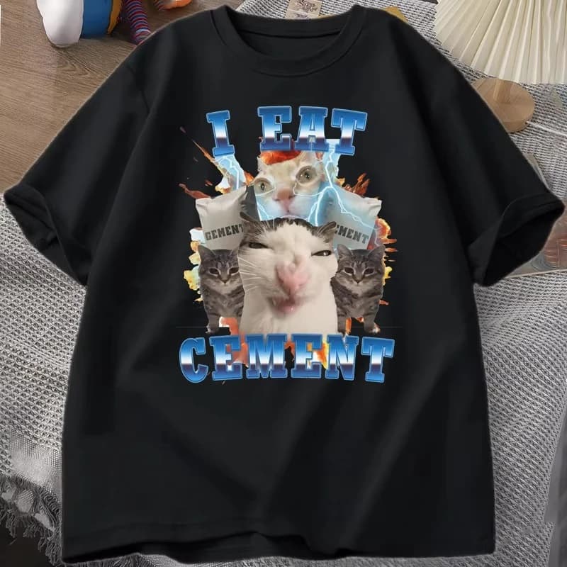 Maglietta divertente con meme gatto 'I Eat Cement', in cotone a manica corta, con stampa di gatti stupidi e brutti, casual, girocollo, con grafica