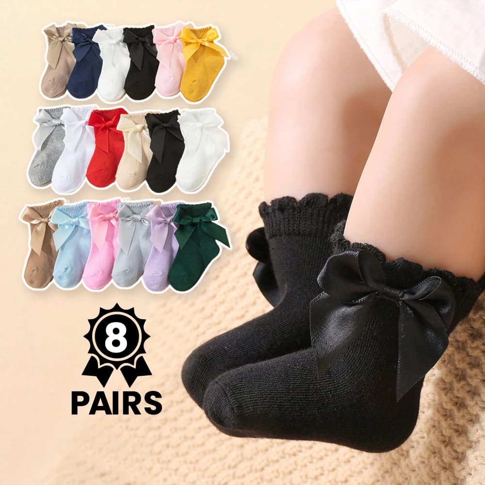 8 Pairs Random Kids Girls Socks With Bow Breathable Short Socks Multicolor Children Casual Princess Socks