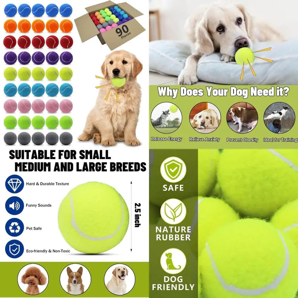 Palline da tennis galleggianti cigolanti per cani, confezione da 90, 2,5 pollici, gomma naturale, palline per esercizi