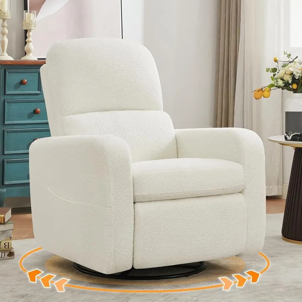 Swivel Rocker Recliner Chair with Removable Cushion and Lumbar Support for Nursery, Living Room, or Bedroom, Teddy White