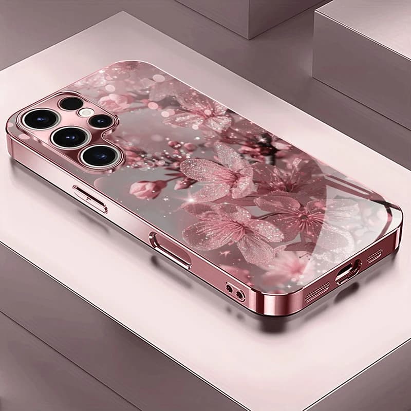 Cover per iPhone in Vetro Temperato Metallizzato con Motivo Fiori di Ciliegio Rosa per iPhone 17 Pro Max 11 12 13 14 15 16 Pro Plus 17 Air 17E