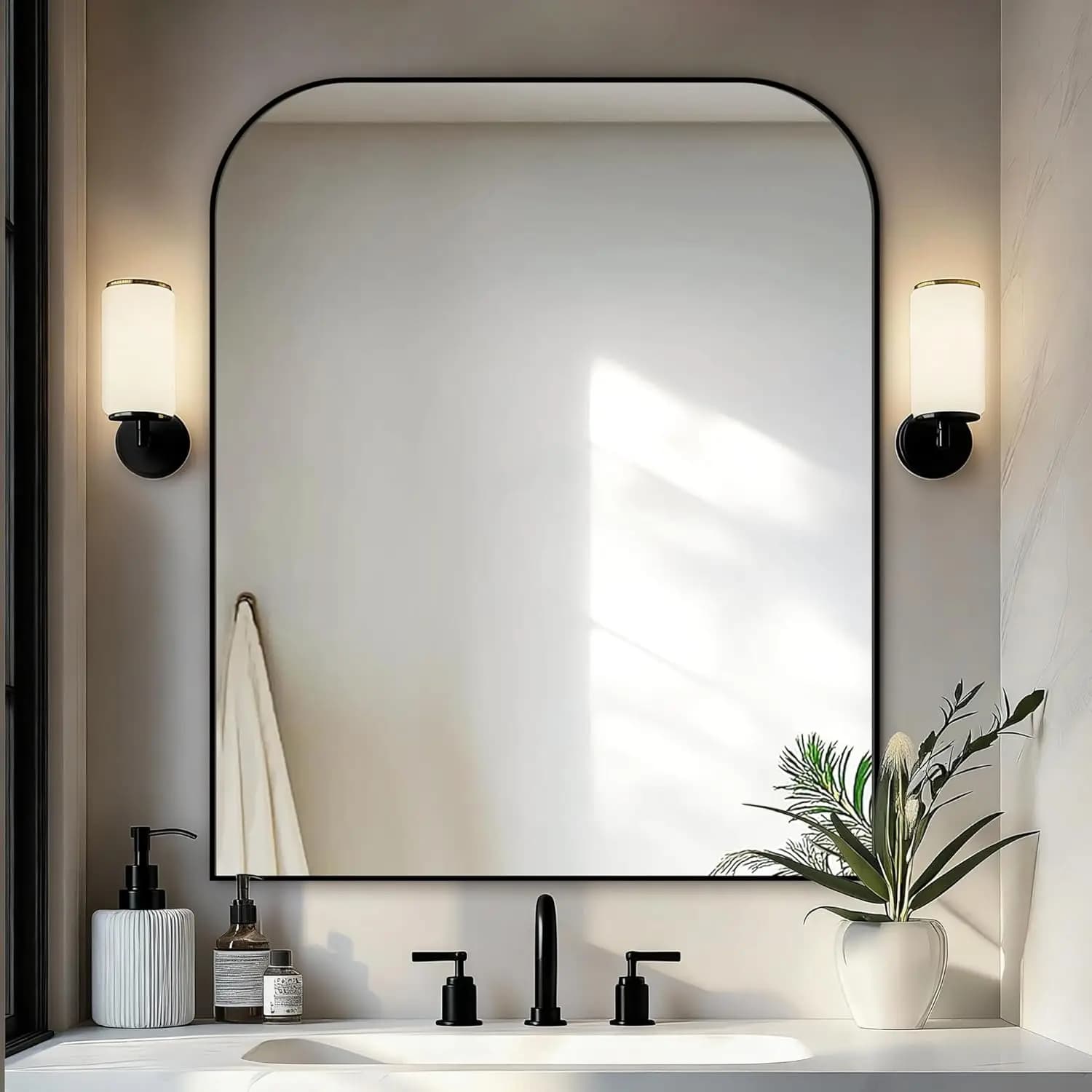 Specchio da bagno, 36' x 30', con cornice in metallo nero, da appendere sopra il lavabo, per soggiorno, camera da letto, ingresso.