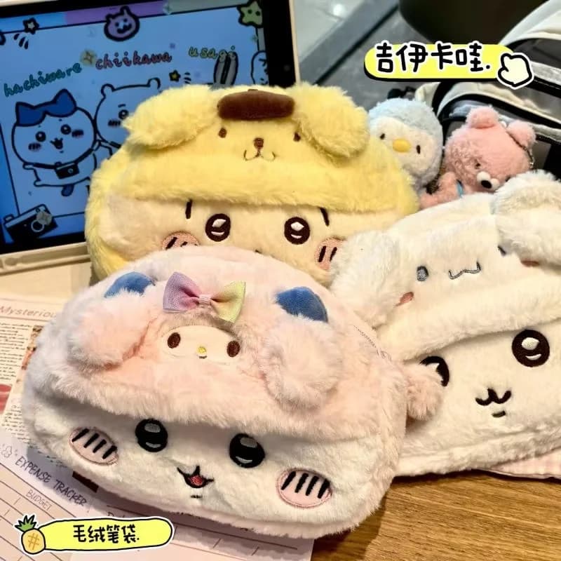 Chiikawa Anime Plush Pen Case Cartoon Usagi Hachiware Large Fluffy Cute Stationery Pouch Office Storage Birthday Gifts