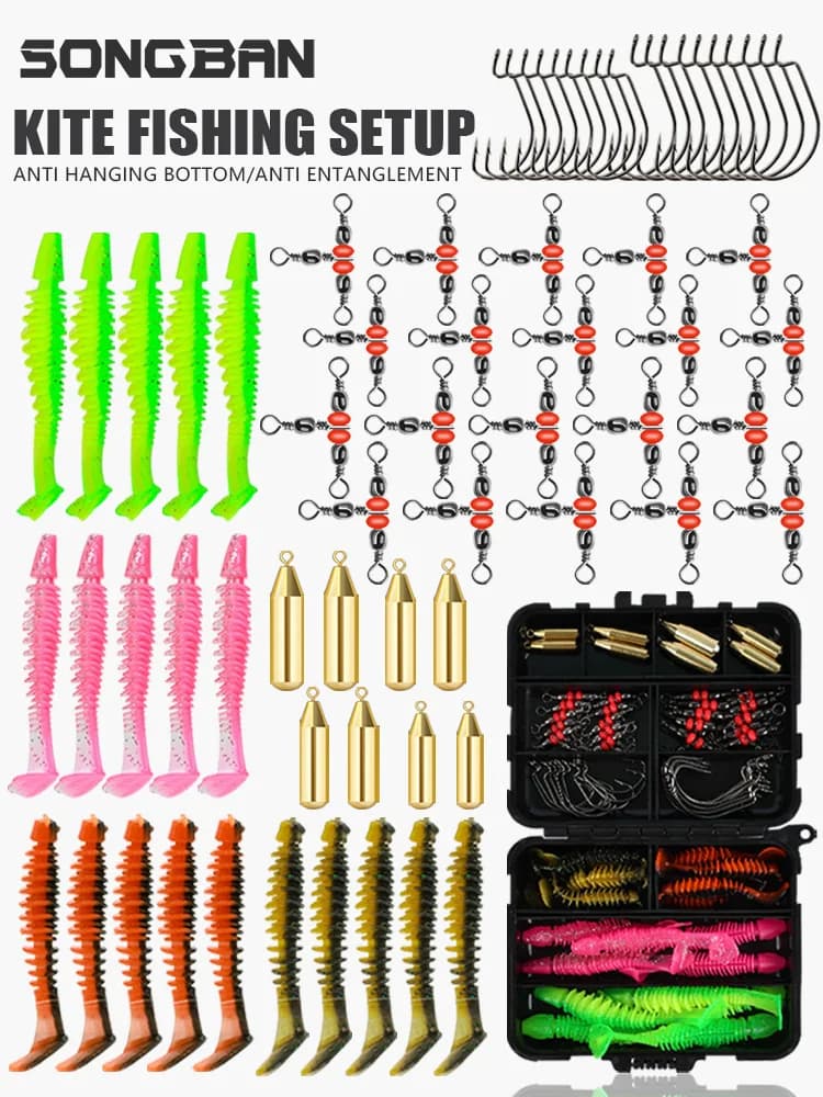 Soft Lure Kit Ribbed T Tail Soft Lures Offset Crank Hooks Brass Sinkers Fishing Rig With Tackle Box For Freshwater Anglers