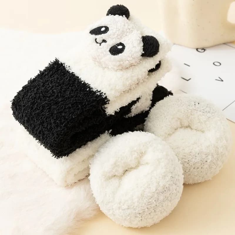 Calzini Lunghi per Bambini in Pile Corallo con Simpatico Design di Panda e Cane, Spessi e Caldi per Autunno e Inverno