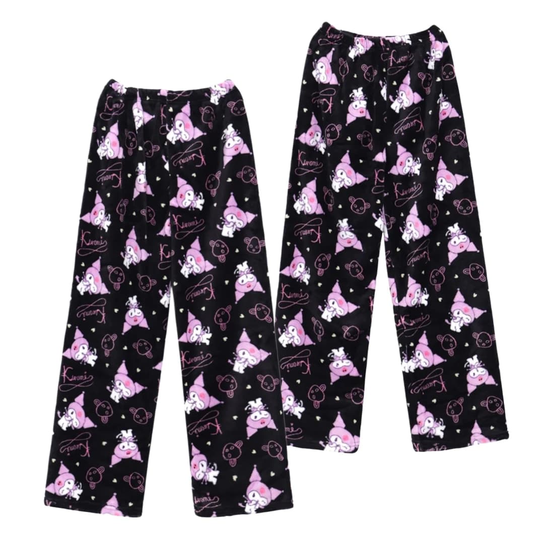Pantaloni Pigiama in Pile Corallo Sanrio Kawaii Kuromi con Stampa Cartoon per Adulti e Bambini, Morbidi e Comodi per Famiglia, Autunno Inverno