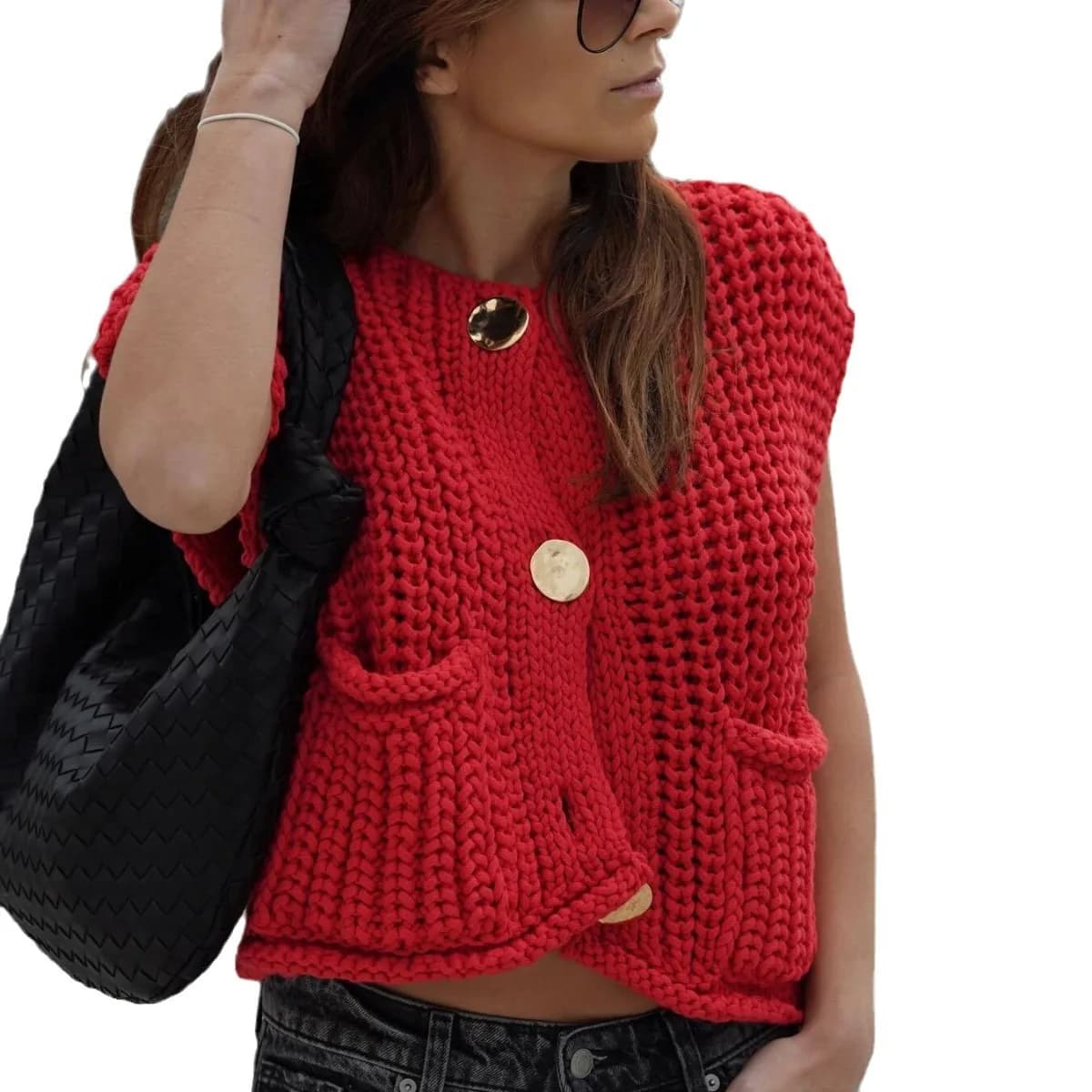 2025 Abiti autunnali Moda coreana Maglione Gilet Donna Scollo a V Blu Bottoni Tasche frontali Senza maniche Cardigan in maglia a trecce Rosso