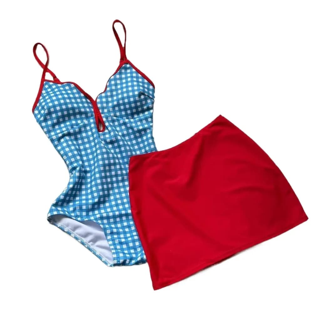 Costume da Bagno a Quadri con Design Snellente, Stile Conservativo, Schiena Scoperta, Gonna, Bordo Smerlato, Set Bikini Blu per Signore